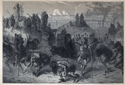 Descubrimiento de Canadá: la danza del bisonte en los Mondanes. Grabado de finales del siglo XIX en "La nouvelle France" de Eugene Guenin. de French School