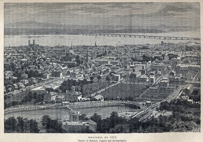 Descubrimiento de Canadá: vista de la ciudad de Montreal en 1875. Dibujo de Benoist después de una fotografía. Grabado de finales del siglo XIX en "La nouvelle France" de Eugene Guenin de French School