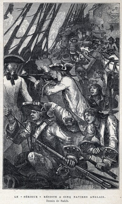 Descubrimiento de Canadá: Jacques Pierre de Taffanel de la Jonquiere (1685-1752) oficial naval francés al frente del barco francés "Le serieux" resistió a cinco barcos ingleses. Dibujo de Sahib. Grabado de finales del siglo XIX en "La nouvelle France" de E de French School
