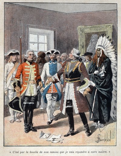 Descubrir Canadá: Louis de Buade, Conde de Frontenac (1622-1698) recibiendo al emisario del gobernador inglés de la colonia de Massachusetts (1651-1695) William Phips y le respondió 