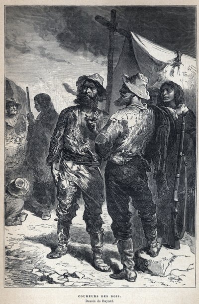 Descubrir Canadá: coureur des bois (involucrado en el comercio de pieles con los amerindios). Dibujo de Bayard. Grabado de finales del siglo XIX en 