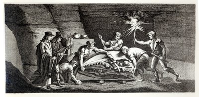 Descubrimiento de los huesos de un animal prehistórico, ilustración de Histoire naturelle de la Montagne Saint-Pierre de Maastricht por Barthelemy Faujas de Saint Fond (1743-1819) 1799 de French School