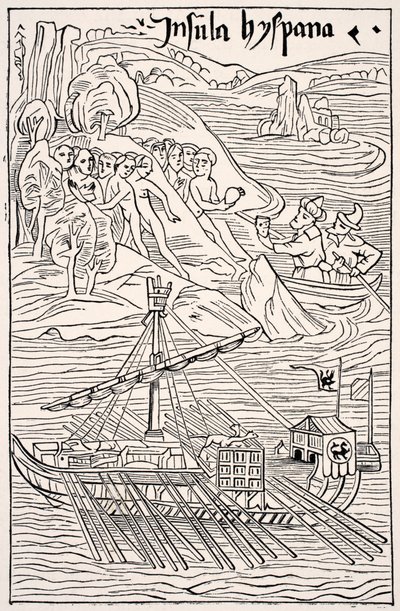 Descubrimiento de Santo Domingo, Insula Hyspana, por Cristóbal Colón, Facsímil de un grabado en madera de la Epistola Christoferi Colom, de Science and Literature in The Middle Ages por Paul Lacroix pub. Londres 1878 de French School