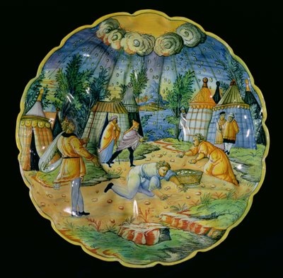 Plato que representa la recolección del maná, hecho en Nevers o Lyon de French School
