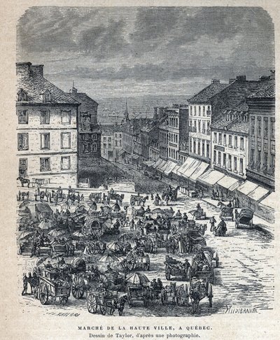 Descubrimiento de Canadá: marcha desde la ciudad alta a Quebec. Dibujo de Taylor a partir de una fotografía. Grabado de finales del siglo XIX en "La nouvelle France" de Eugene Guenin. de French School