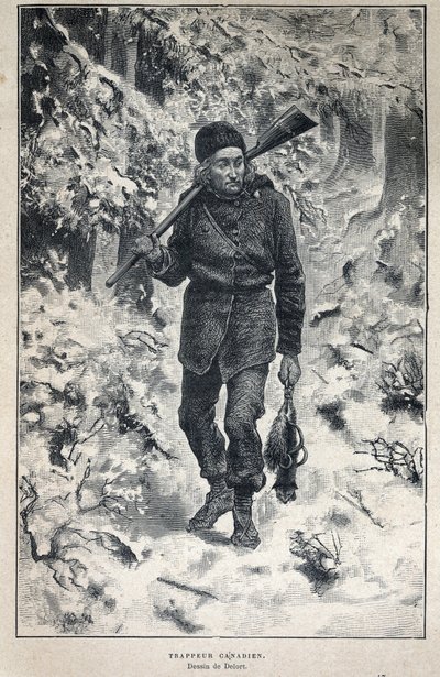 Descubrimiento de Canadá: retrato de un trampero canadiense en el bosque. Grabado de finales del siglo XIX en "La nouvelle France" de Eugene Guenin. de French School