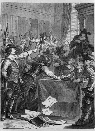 Disolución del Parlamento por Oliver Cromwell (1599-1658) militar y político británico que gobernó Inglaterra. Grabado en “Historia de los Papas (...) Crímenes de la Reina Rey y Emperadores a través de los siglos” de Maurice Lachatre de French School