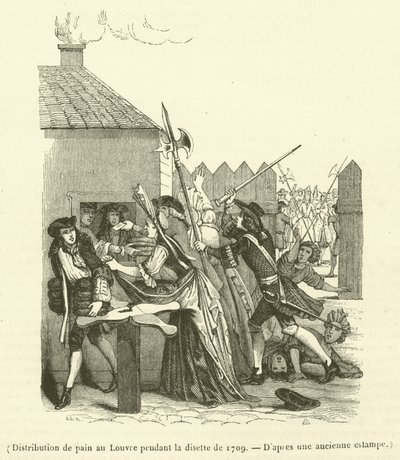 Distribución de pan en el Louvre durante la escasez de alimentos de 1709 (grabado) de French School