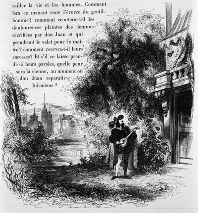 Don Giovanni dando una serenata a la doncella de Elvira, escena de Don Giovanni (grabado) de French School