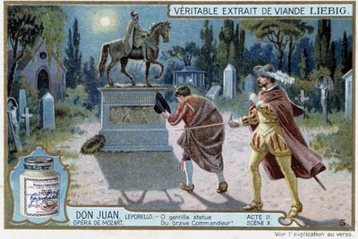 Don Juan: Acto II, Escena X, Don Juan en el cementerio y estatua del Comendador - cromo Liebig de French School