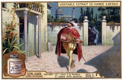 Don Juan en Trovador: Acto II sc. IV de la ópera de Mozart "Don Giovanni" Cromolitografía Liebig, v.1900 de French School