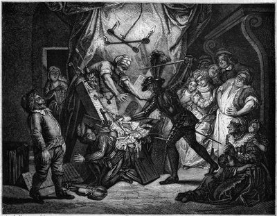 Don Quijote lucha contra los títeres que cree que son moros. Grabado por V. Beauce después de la pintura de Charles Antoine Coypel ilustrando la novela de Cervantes. En “Le Magasin picturesque” de French School