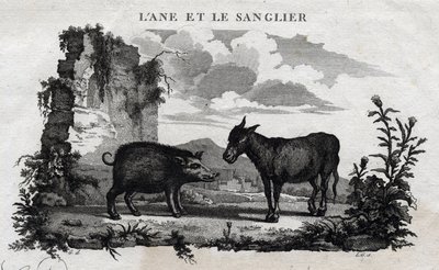 Burro y jabalí. Fábula de Esopo. (Escritor griego Esopo, siglo VI a.C.) Escrito por Guillaume Montfort y grabado por Beauble en 1801. de French School