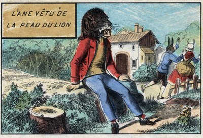 El burro con la piel del león. Fábulas de Jean de La Fontaine (1621-95). Imágenes de Épinal finales del siglo XIX. de French School