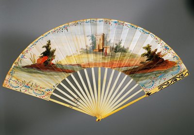 Abanico de doble hoja pintado con escena pastoral, costillas de marfil y plata, ca 1760, reverso, Francia de French School