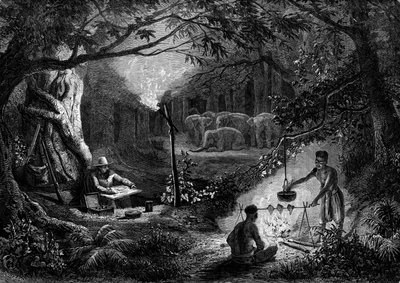 Dibujo: un viajero dibujando una escena de costumbres a la luz de una antorcha. Grabado en "Le Journal de la jeunesse" de French School