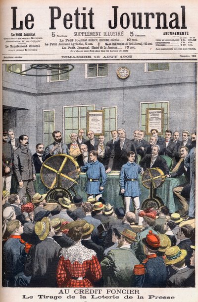 Dibujo de la Lotería de Prensa en las oficinas del Crédito Foncier de Francia en París. Crédito de tierras. El sorteo de la Lotería de Prensa. Ilustración para Le petit Journal de French School