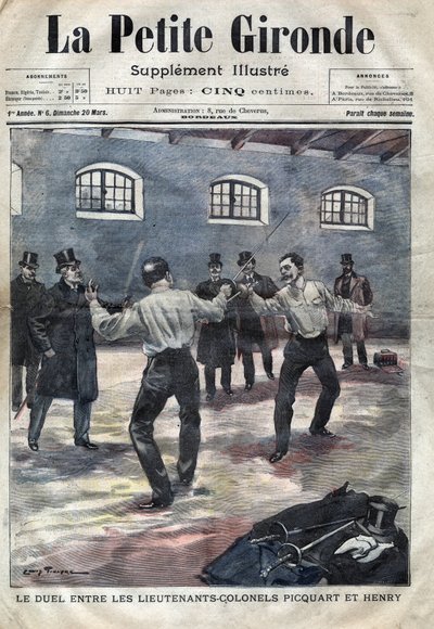 Caso Dreyfus: el duelo entre los tenientes coroneles Georges Picquart (1854-1914) y Hubert Henry (1846-1898) en la escuela militar de París. Portada de "La petite Gironde" de marzo de 1898 (grabado) de French School