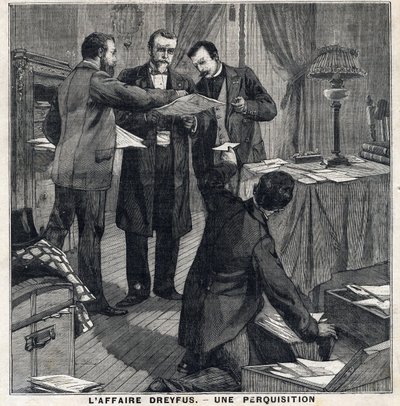 Caso Dreyfus: Tres oficiales de civil y un comisario de policía realizan un registro en la casa de Georges Picquart (1854-1914). En "Le Petit Parisien" el 5/12/1897. Colección privada de French School