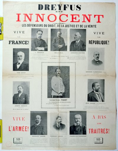 Dreyfus es inocente, cartel con los retratos de sus defensores, finales del siglo XIX de French School