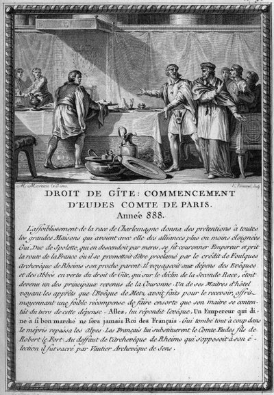 Derecho de Gite, Comienzo de Eudes, Conde de París, año 888. El Rey Guy III, Duque de Spoleto (fallecido en 894) fue hospedado por el Obispo de Metz bajo el derecho de una cabaña (derecho feudal que otorga a un señor el derecho de ser hospedado por su gent de French School
