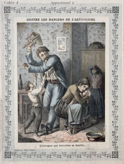 Borracho aterrorizando a su familia, portada de un cuaderno escolar. c.1900 de French School