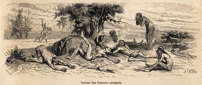 Embriaguez de fumadores, dibujo del autor, para ilustrar 3 años de cautiverio entre los patagones de French School