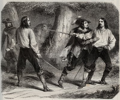 Duelo a espada entre el Vizconde de Cahuzac y el Marqués de Gesvres, de quien la reina de Francia Ana de Austria está enamorada, en los bosques de Vincennes. Siglo XVII. Grabado de 1871 en “Histoire Des Cocuses Celebres” de Henry de Kock de French School