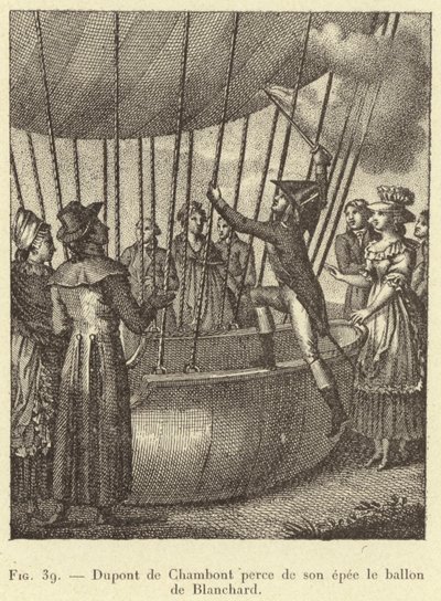 Dupont de Chambont perfora con su espada el globo de Blanchard de French School