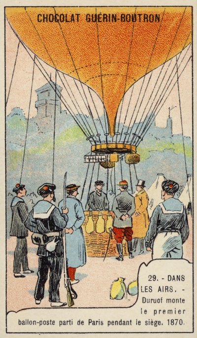 Duruof realizando el primer vuelo postal en globo durante el Sitio de París de French School