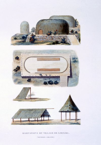 Viviendas en el Pueblo de Likiliki, Nueva Irlanda, 1826 de French School