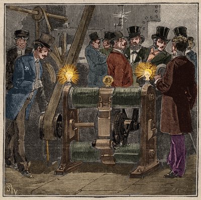 Máquina eléctrica dínamo tipo Gram (Zenobe Theophile Gram) produciendo corriente continua, experiencia eléctrica en la sala de máquinas del Conservatorio de Artes y Oficios de París (circa 1881). Grabado de 1885 en “Les arts et metiers illustres” por Ad. de French School