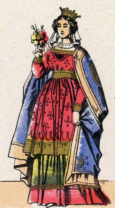 Dinastía de los Capetos: Retrato de Adela o Alix o Alicia de Champaña (1140-1206), Reina de Francia esposa de Luis VII llamado el Joven (1120-1180). Imagen de Epinal de finales del siglo XIX. Colección privada. de French School