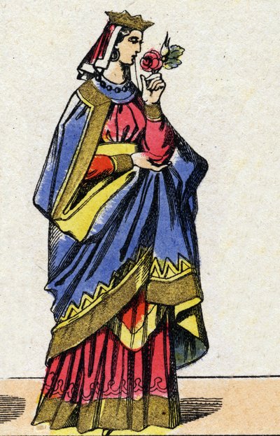 Dinastía de los Capetos: Retrato de Berta de Holanda o Berta de Frisia (1058-1093), Reina de Francia, esposa de Felipe I de Francia (1052-1108). Imagen de Épinal de finales del siglo XIX. Colección privada. de French School