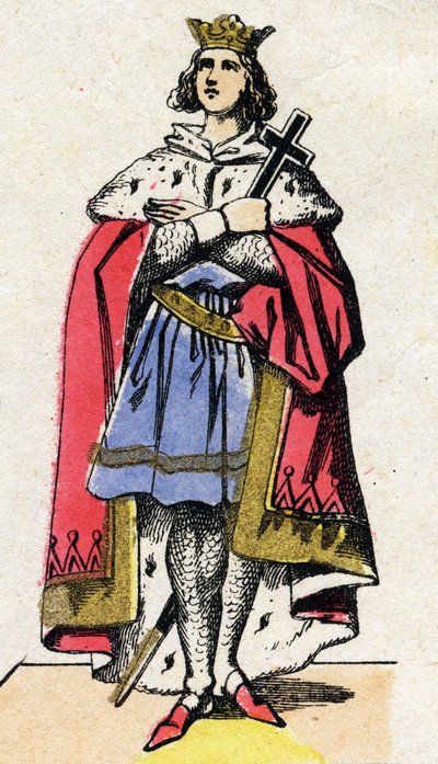 Dinastía de los Capetos: Retrato de Luis IX de Francia (1214-1270) rey de los Francos de 1226 a 1270. Imagen de Épinal de finales del siglo XIX. Colección privada. de French School