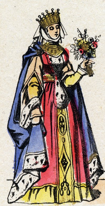 Dinastía de los Capetos: Retrato de Margarita de Provenza (1221-1295), Reina de Francia, esposa de Luis IX de Francia (1214-1270). Imagen de Épinal de finales del siglo XIX. Colección privada de French School