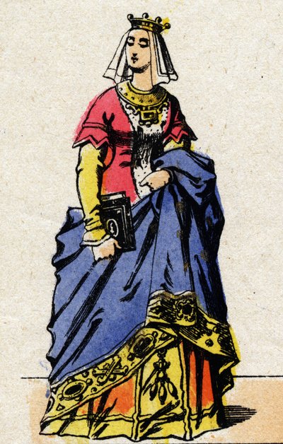 Dinastía de los Valois: Retrato de Carlota de Saboya (1441-1483) Reina de Francia, esposa de Luis XI de Francia, conocido como el Prudente (1423-1483). Imagen de Épinal de finales del siglo XIX. Colección privada. de French School