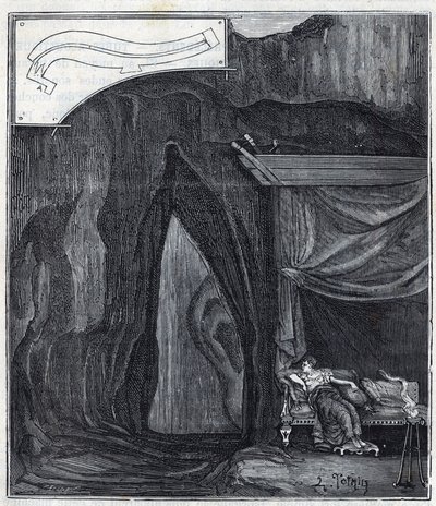 Oído de Dionisio - Orecchio di Dionisio (Orecchio di Dionigi) - Interior de la cueva conocida como el Oído de Denys en Siracusa - Grabado en “Sciences brought to the graceful of all - physics and chemistry” por Alexis Clerc - Finales del siglo XIX. Colecci de French School