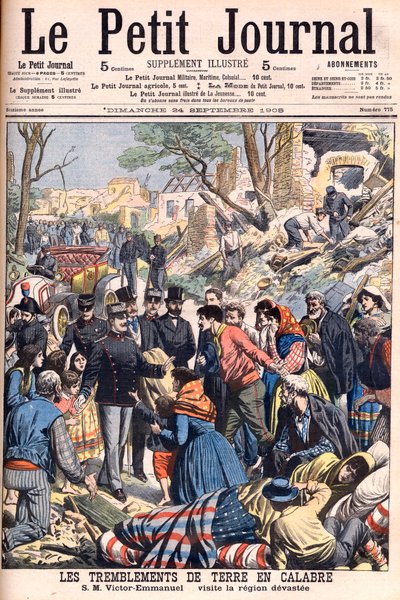 Terremoto en Calabria, Italia. El rey Víctor Manuel III visitando las regiones devastadas. Terremotos en Calabria. SM Víctor Manuel visita la región devastada. Ilustración para Le petit Journal, 24 de septiembre de 1905. de French School
