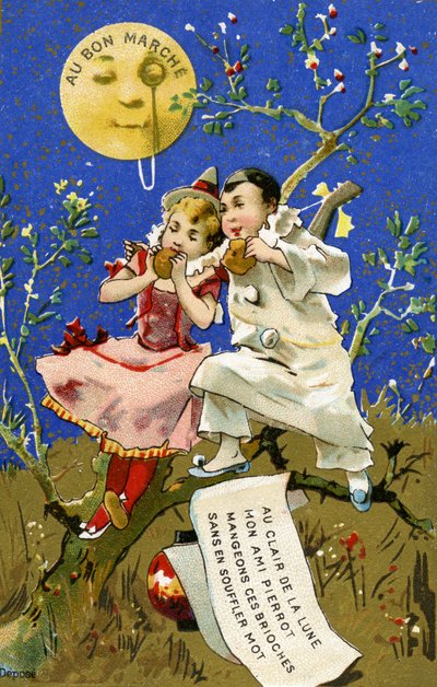 Comiendo brioches a la luz de la luna, tarjeta promocional para los Grandes Almacenes Bon Marché en París, c.1890 de French School