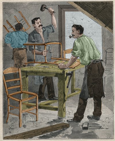 Ebanistería: ensamblaje de sillas en el siglo XIX en Francia. Grabado de 1885 en “Les arts et métiers illustrés” de Adolphe Bitard. de French School