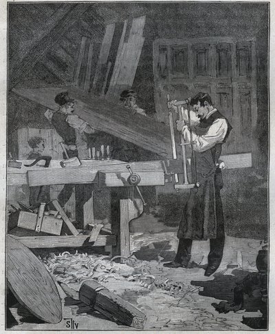 Ebanistería: trabajador ebanista partiendo una tabla en el taller. Grabado de 1885 en “Les arts et metiers illustres” por Adolphe BITARD. de French School