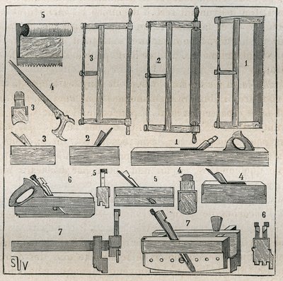 Ebanistería: herramientas habituales, sierras y cepillado. Grabado de 1885 en “Les arts et métiers illustrés” por Adolphe BITARD. de French School