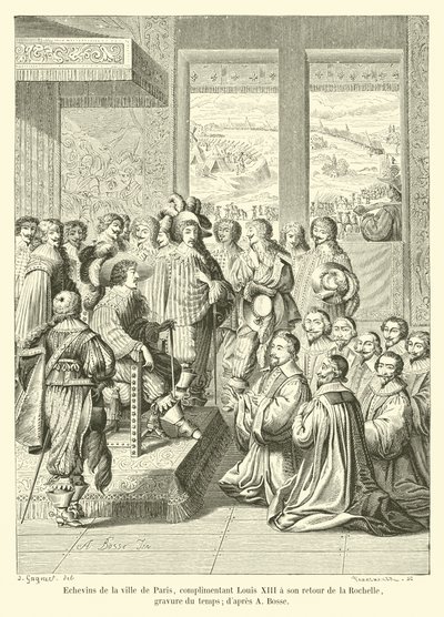 Concejales de la ciudad de París, felicitando a Luis XIII a su regreso de La Rochelle, grabado de la época; según A Bosse de French School