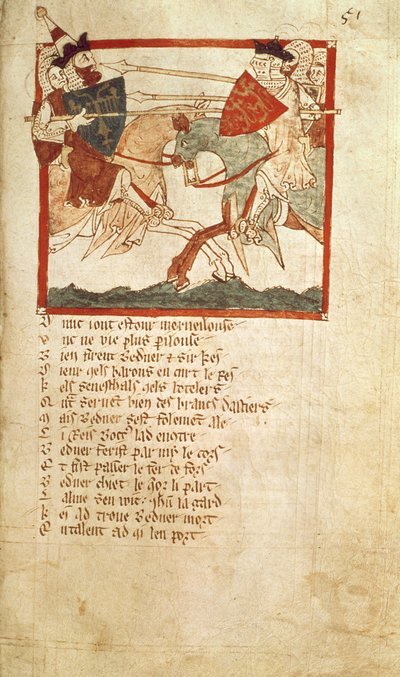 Por ejemplo, 3028 f.51 Arthur lucha contra el emperador Lucius, de la Crónica en verso de 