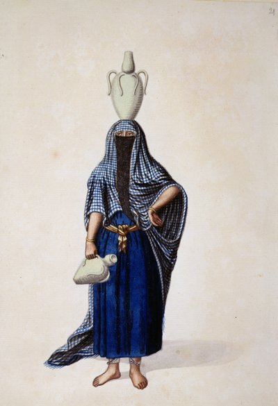 Mujer Egipcia Llevando una Jarra de Agua Ibrik, probablemente por Cousinery, período otomano, tercer cuarto del siglo XVIII de French School