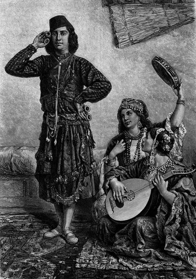 Músicos y bailarines egipcios. Hombre sostiene platillos entre sus dedos. Grabado en "Le Journal de la jeunesse" de French School