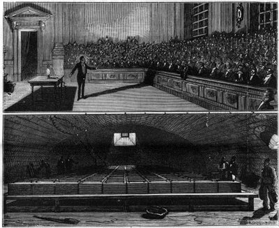 Experimento de luz eléctrica realizado en 1813 por Humphry Davy (1778-1829), en su curso de química en la Royal Institution de Londres (Inglaterra). Grabado en "La Nature. Revue des sciences et de ses applications aux arts et a l