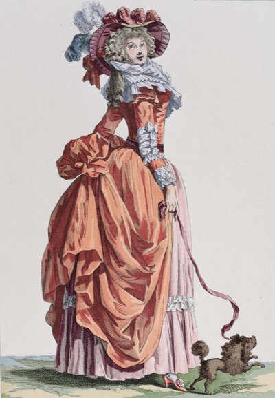 Mujer elegante con su perrito, lámina de moda de Galerie des Modes et Costumes Français, grabada por Bacquoy de French School