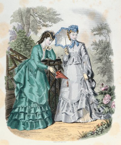 Mujeres elegantes en un jardín, de La Mode Illustrée, 1871 de French School